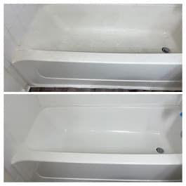 Before and after comparison of a worn bathtub restored to a bright, clean, glossy finish.