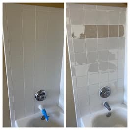 Side-by-side comparison of white bathtub tiles showing paint flaking and peeling off the surface.