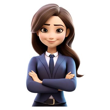 Smiling 3D animated woman with long brown hair wearing a blue suit, arms crossed.
