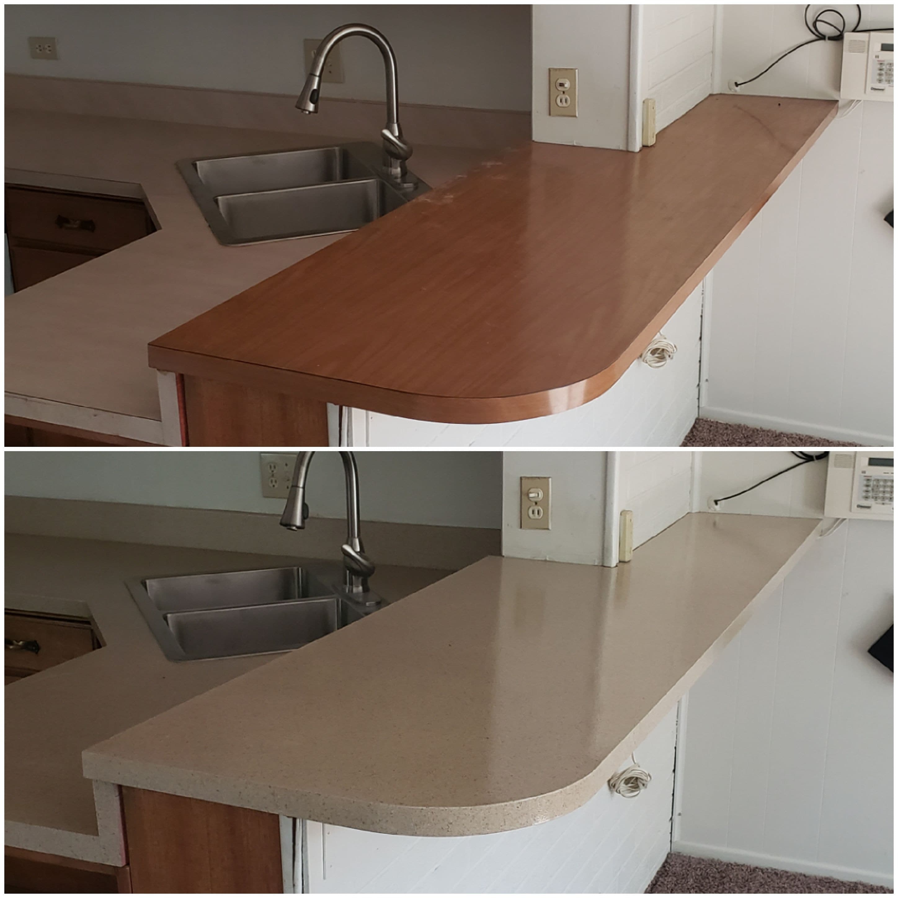 Before and after of a kitchen countertop refinished from wood grain to light stone finish.