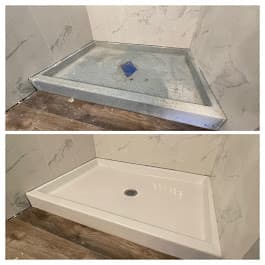 Before and after comparison of a dirty shower pan replaced with a new white base.