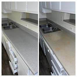 Side-by-side comparison of a stained kitchen counter restored to a clean, grey speckled surface.