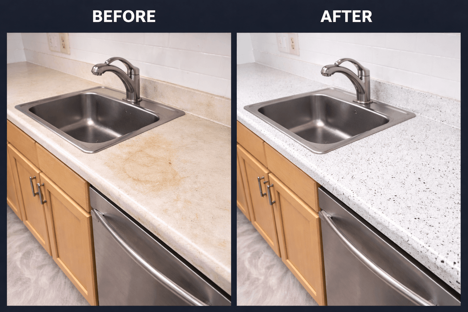 Before and after comparison showing a stained beige countertop refinished with white speckled stone.
