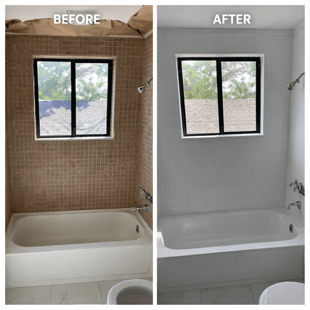 Side-by-side comparison of a bathroom showing brown mosaic tiles refinished to bright white.