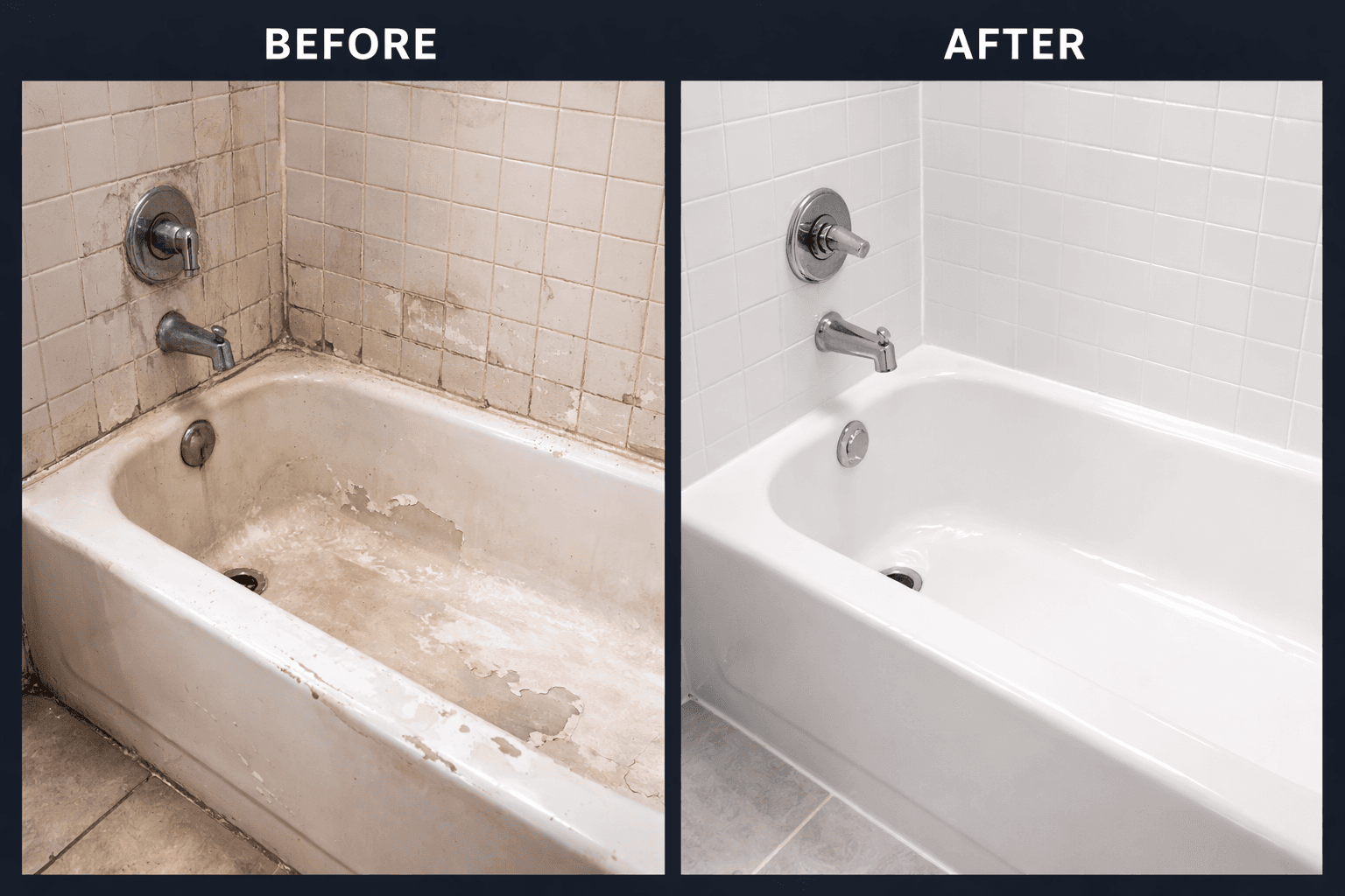 Before and after comparison of a dirty, peeling bathtub and tiles restored to bright white.