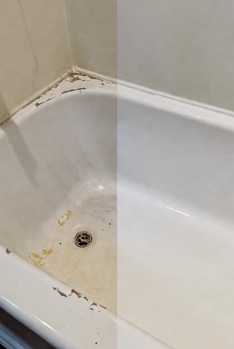 Before and after comparison of a worn, peeling bathtub restored to a clean, white finish.